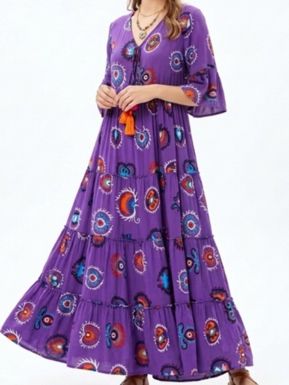 Ceylin Otantik Turkish Cotton Tiered Maxi Dress Purple Boho Evil Eye Witchy M